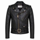Men's gold edition Perfecto cowhide leather biker jacket front view with gold brass hardware asymmetric zip and waist belt