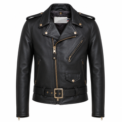 Men's gold edition Perfecto cowhide leather biker jacket front view with gold brass hardware asymmetric zip and waist belt