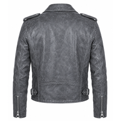 Men's grey distressed cowhide leather biker jacket back view with crackled vintage finish and adjustable belt hem