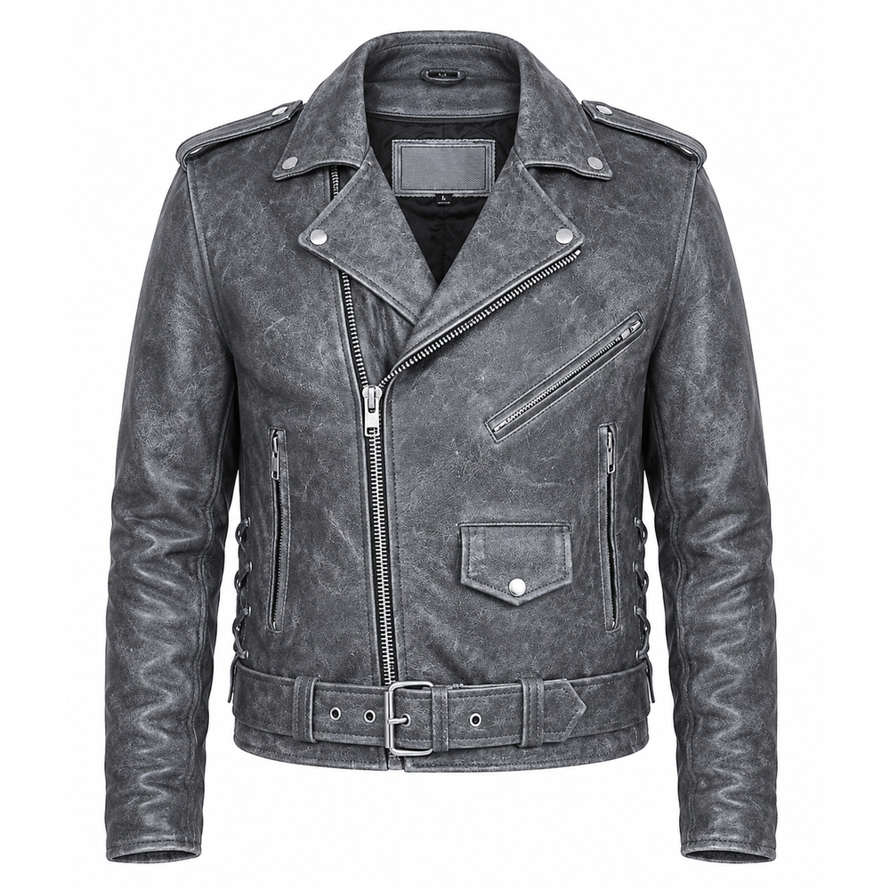 Men's grey distressed cowhide leather biker jacket front view with asymmetric zip side lace detailing and waist belt