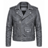 Men's grey distressed cowhide leather biker jacket front view with asymmetric zip side lace detailing and waist belt