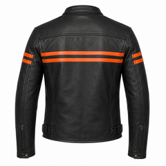 Men's Iron Stripe black and orange cowhide leather motorcycle jacket back view with orange stripes and adjustable belt hem