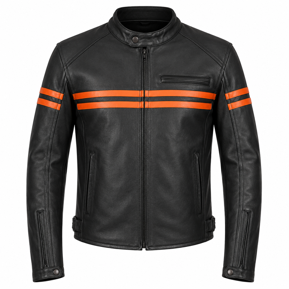 Men's Iron Stripe black and orange cowhide leather motorcycle jacket front view with double chest stripes