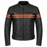 Men's Iron Stripe black and orange cowhide leather motorcycle jacket front view with double chest stripes