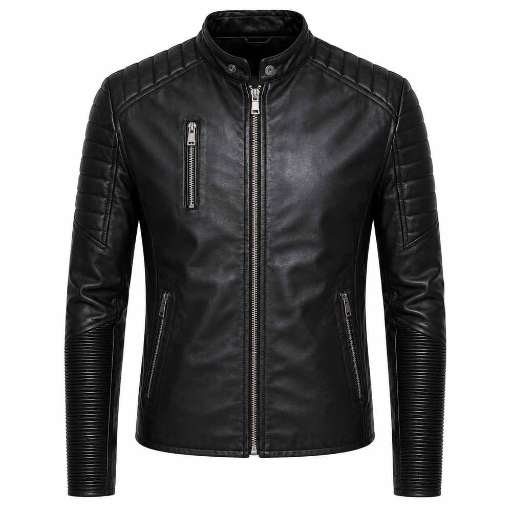 Men's night rider black cowhide leather motorcycle jacket front view with ribbed arm panels and chest zip pocket