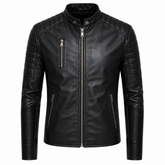 Men's night rider black cowhide leather motorcycle jacket front view with ribbed arm panels and chest zip pocket