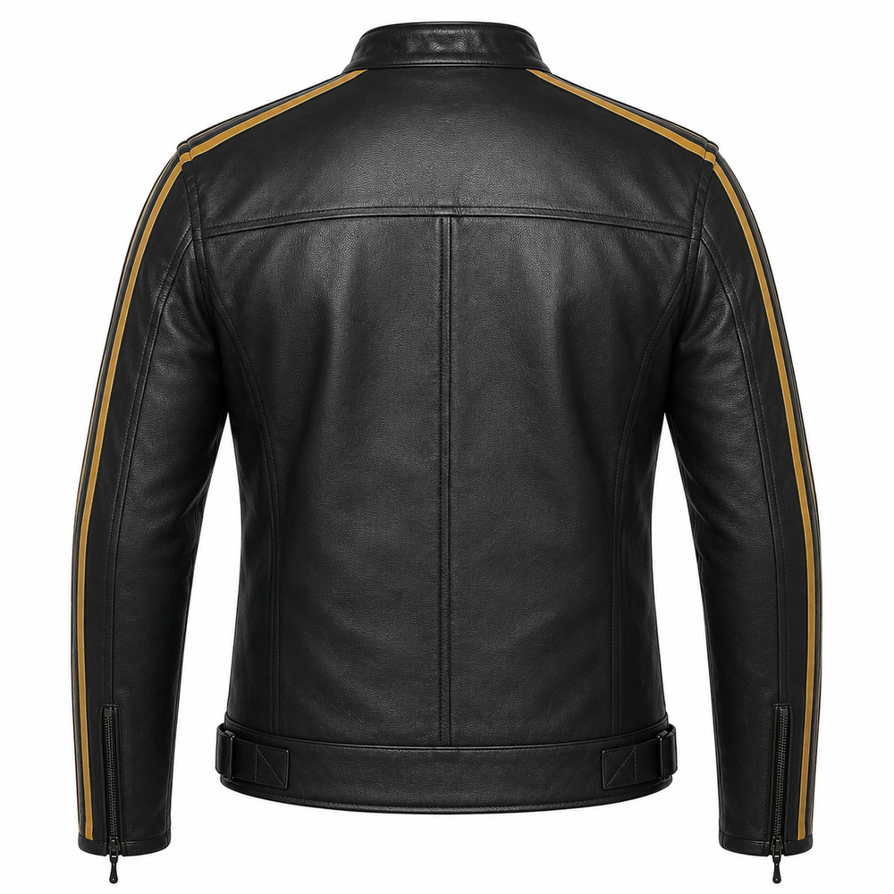 Men's road racer black and gold stripe cowhide leather motorcycle jacket back view with gold racing stripes