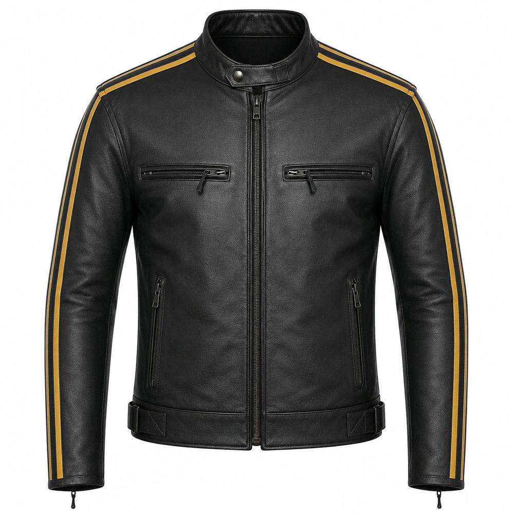 Men's road racer black and gold stripe cowhide leather motorcycle jacket front view with dual chest zip pockets