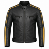 Men's road racer black and gold stripe cowhide leather motorcycle jacket front view with dual chest zip pockets
