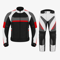 Men's textile motorcycle riding suit front view in red, grey, white and black with CE armor jacket and pant set