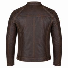 Men's vintage distressed brown cowhide leather motorcycle jacket back view with diamond quilted shoulders and adjustable belt hem