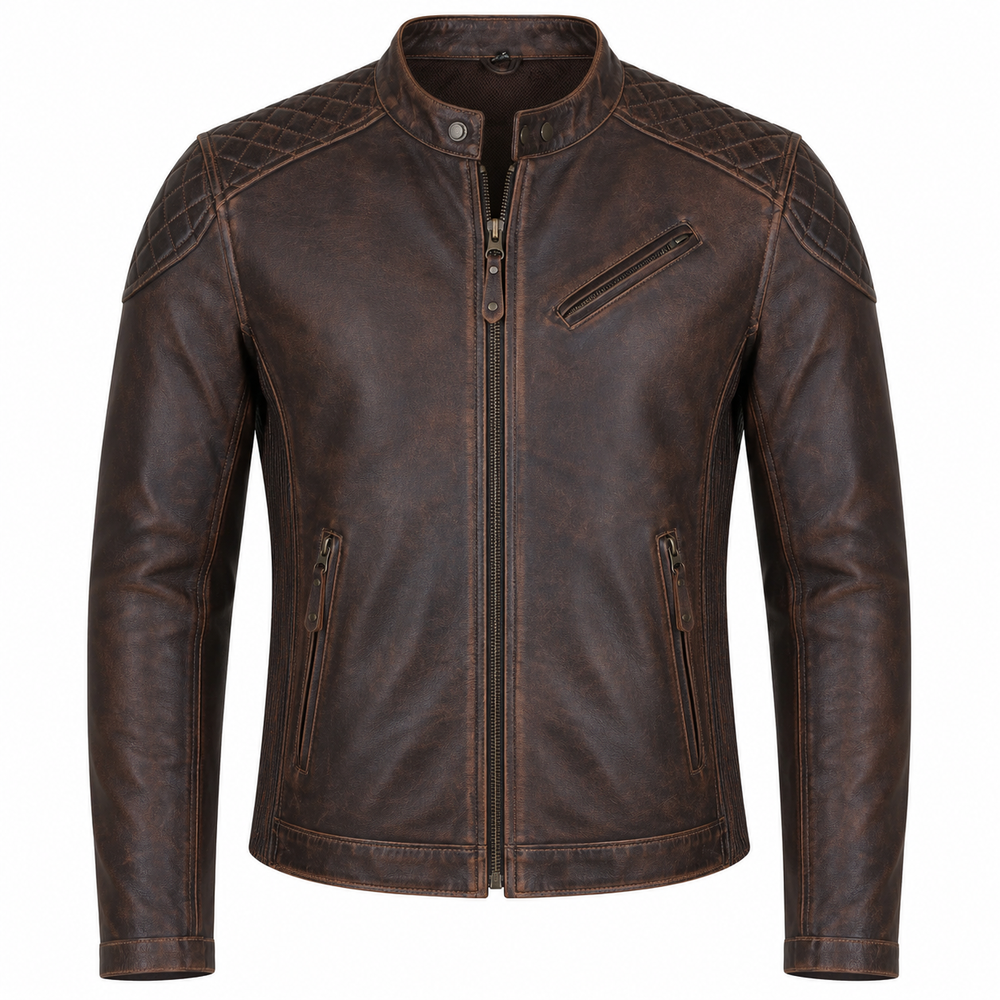Men's vintage distressed brown cowhide leather motorcycle jacket front view with diamond quilted shoulders and antique brass zippers