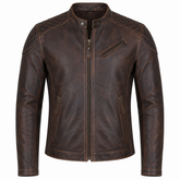 Men's vintage distressed brown cowhide leather motorcycle jacket front view with diamond quilted shoulders and antique brass zippers