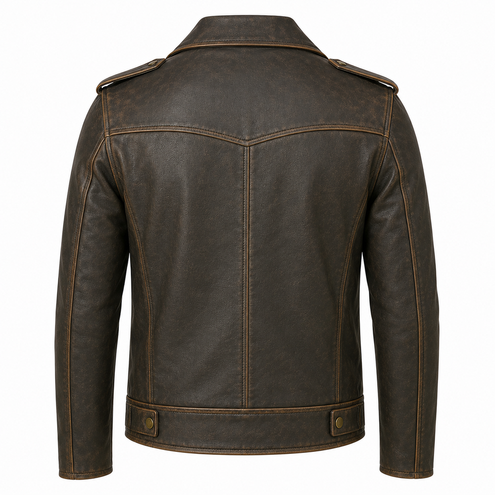 Men's vintage distressed brown Perfecto cowhide leather biker jacket back view with V-panel stitching and distressed finish