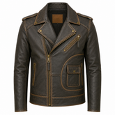 Men's vintage distressed brown Perfecto cowhide leather biker jacket front view with antique brass hardware and asymmetric zip