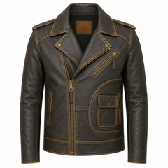 Men's vintage distressed brown Perfecto cowhide leather biker jacket front view with antique brass hardware and asymmetric zip