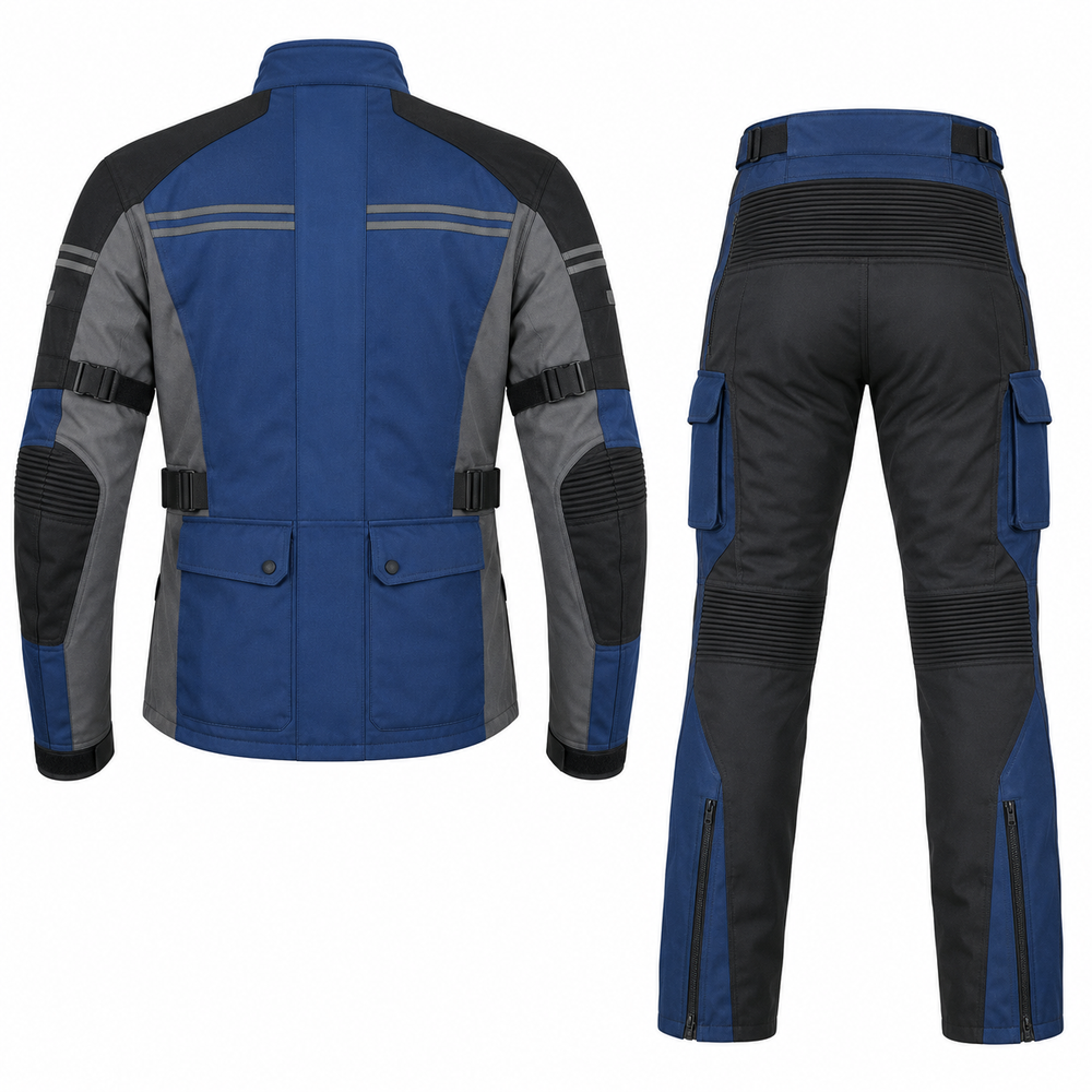 Meridian enduro textile motorcycle riding suit navy blue grey back view with CE armor