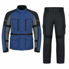 Meridian enduro textile motorcycle riding suit navy blue grey front view with CE armor