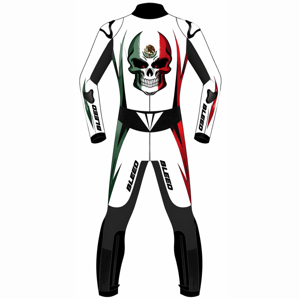 Mexican skull custom motorcycle leather racing suit back view in white with Mexican flag skull graphic, green and red accents and speed hump