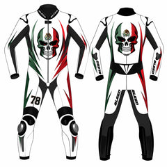 Mexican skull custom motorcycle leather racing suit front and back view in white, green, red and black