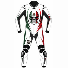 Mexican skull custom motorcycle leather racing suit front view in white, green and red with Mexican flag skull graphic and knee sliders