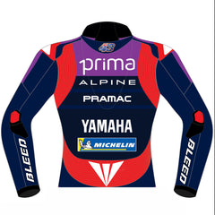 Back of Miguel Oliveira Pramac Yamaha 2025 leather racing jacket showing number 43, red side panels and blue lower back