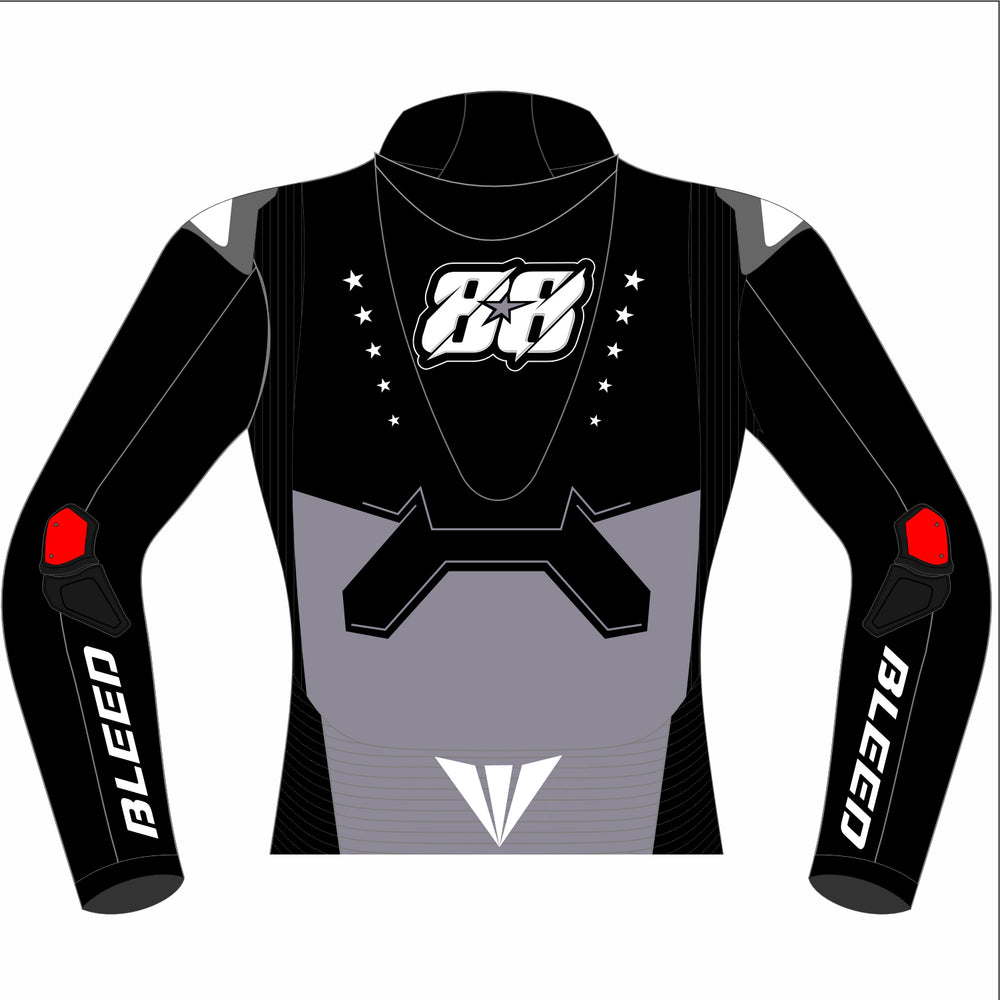 Miguel Oliveira Prima Pramac Yamaha 2025 MotoGP leather racing jacket back view with number 88 star logo, grey lower-back panel and red elbow sliders