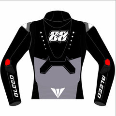 Miguel Oliveira Prima Pramac Yamaha 2025 MotoGP leather racing jacket back view with number 88 star logo, grey lower-back panel and red elbow sliders