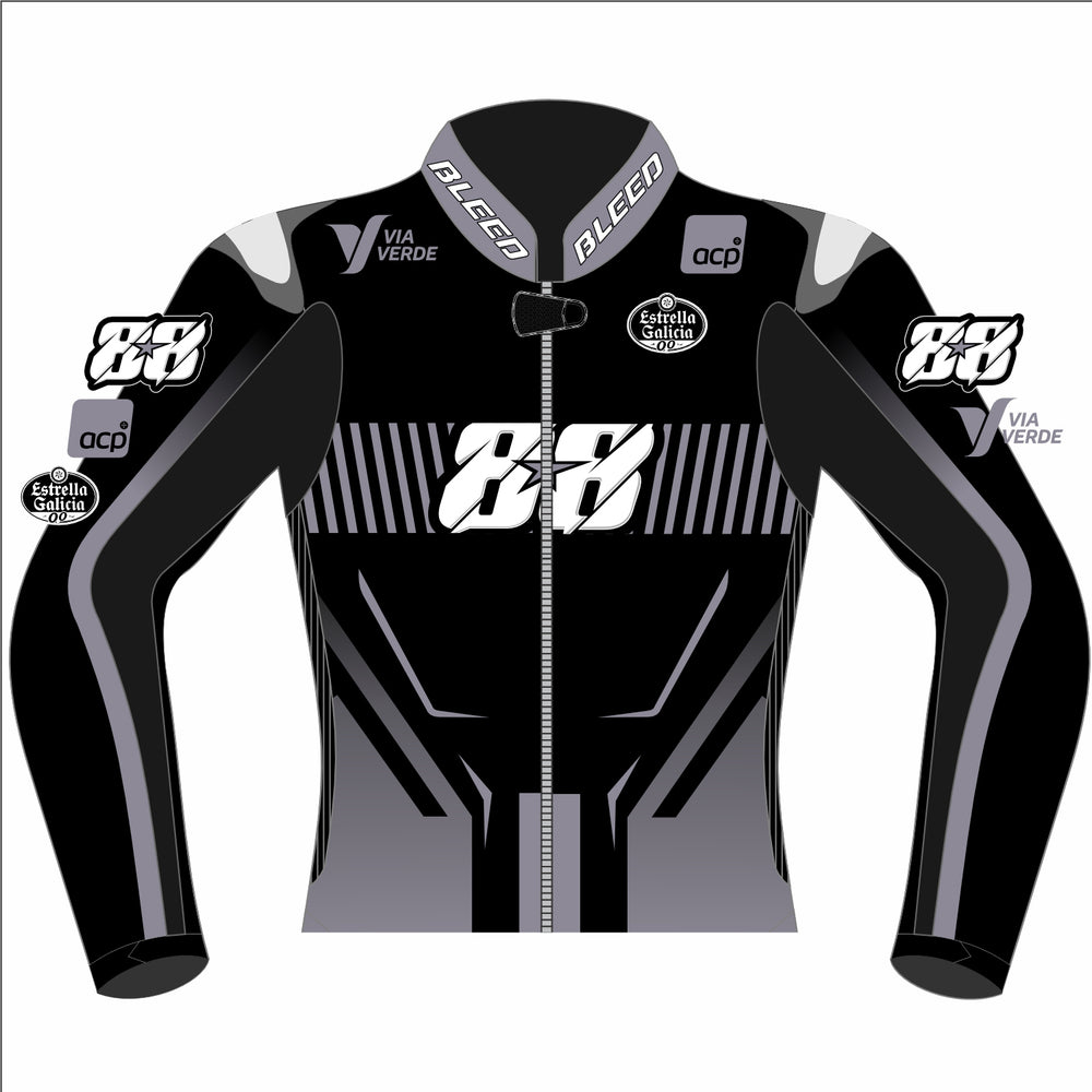 Miguel Oliveira Prima Pramac Yamaha 2025 MotoGP leather racing jacket front view in black, grey and white with number 88 graphics