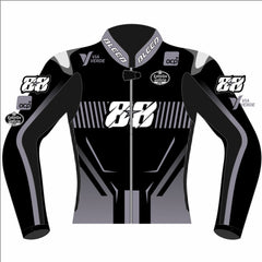 Miguel Oliveira Prima Pramac Yamaha 2025 MotoGP leather racing jacket front view in black, grey and white with number 88 graphics
