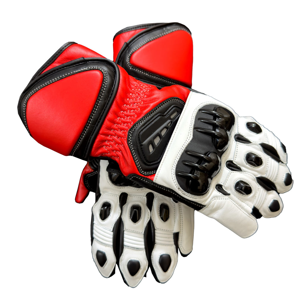 Motorcycle leather racing gloves close-up showing hard knuckle and finger protection