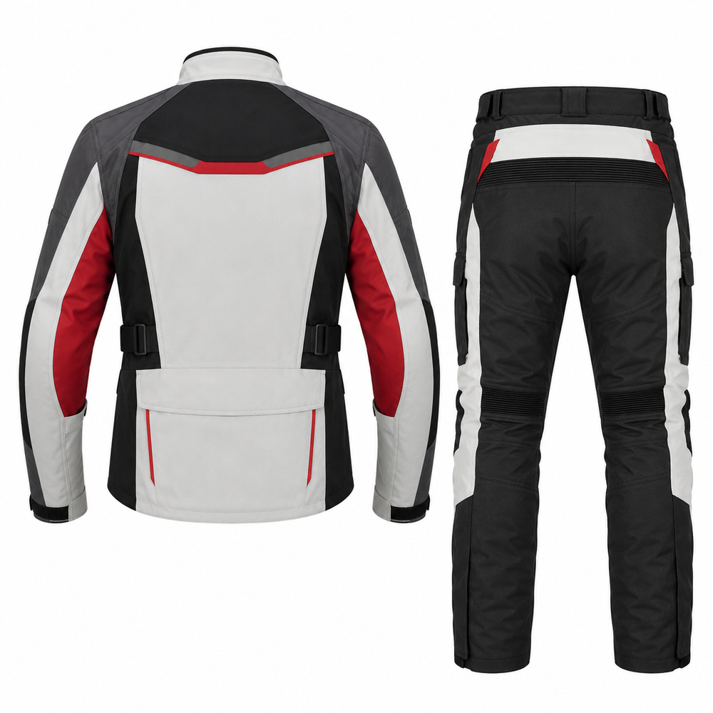 Nomad dual sport textile motorcycle riding suit grey black red back view with CE armor