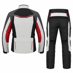 Nomad dual sport textile motorcycle riding suit grey black red back view with CE armor
