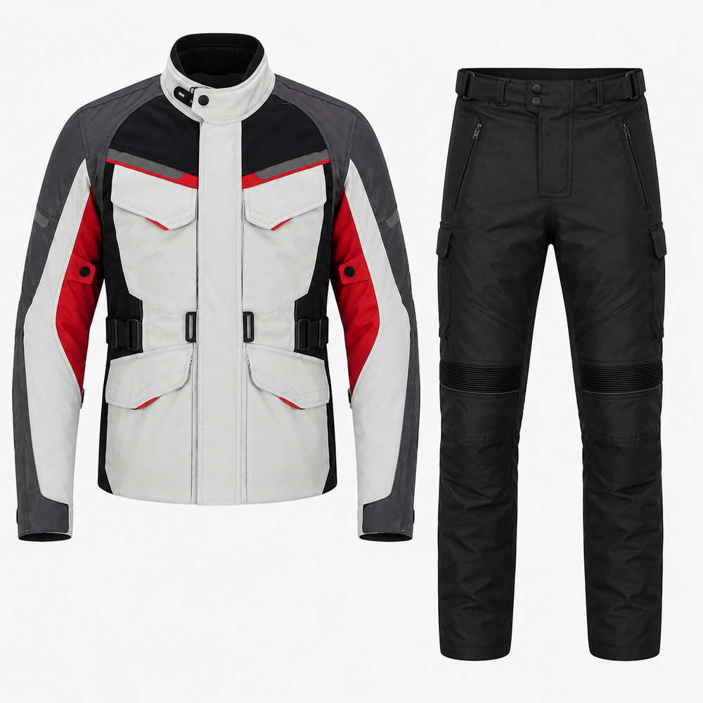 Nomad dual sport textile motorcycle riding suit grey black red front view with CE armor