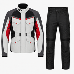 Nomad dual sport textile motorcycle riding suit grey black red front view with CE armor