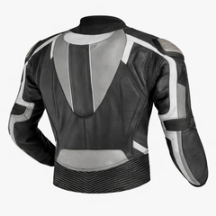 rear view of black grey riding jacket with structured panels and ventilation zones