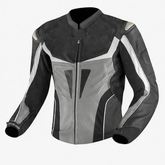 black and grey motorcycle leather jacket front view with modern sport design