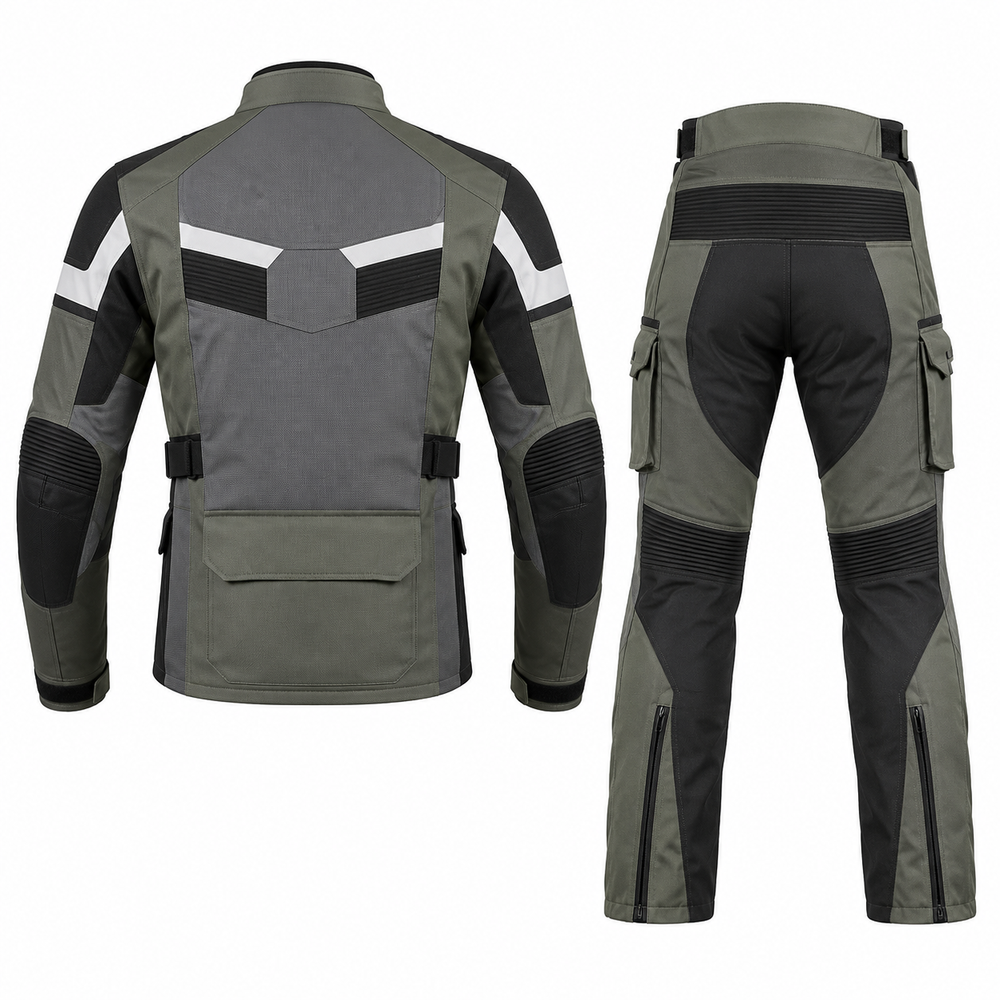 Overland adventure textile motorcycle riding suit olive green back view with CE armor