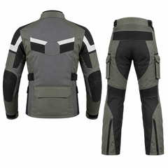 Overland adventure textile motorcycle riding suit olive green back view with CE armor