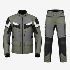 Overland adventure textile motorcycle riding suit olive green front view with CE armor