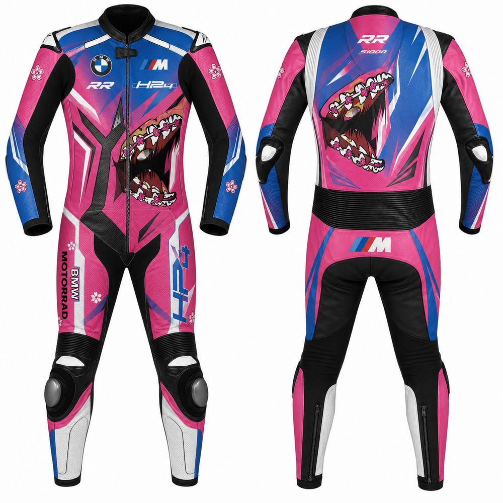 Personalized motorbike leather suit custom fit track day racing apparel front and back view