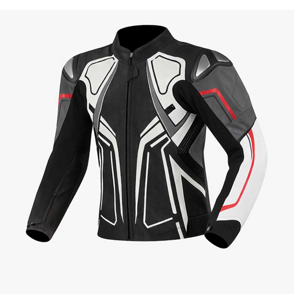 black and white motorcycle leather jacket front view with modern racing design