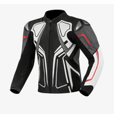 black and white motorcycle leather jacket front view with modern racing design