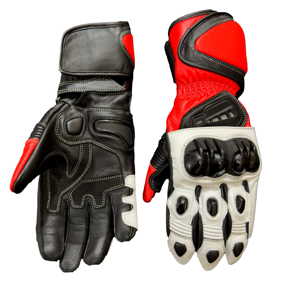 Protective motorcycle leather racing gloves shown from the knuckle and palm sides