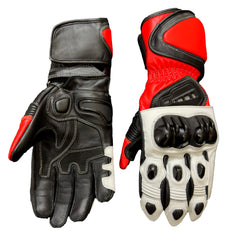 Protective motorcycle leather racing gloves shown from the knuckle and palm sides
