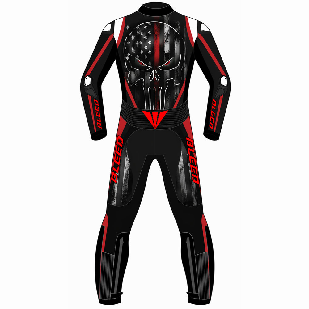 Punisher skull American flag custom motorcycle leather racing suit back view in black and red with flag skull graphic, red BLEED branding and speed hump