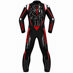 Punisher skull American flag custom motorcycle leather racing suit back view in black and red with flag skull graphic, red BLEED branding and speed hump