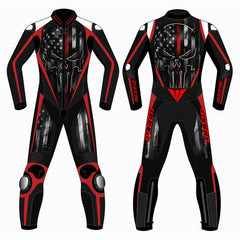 Punisher skull American flag custom motorcycle leather racing suit front and back view in black and red