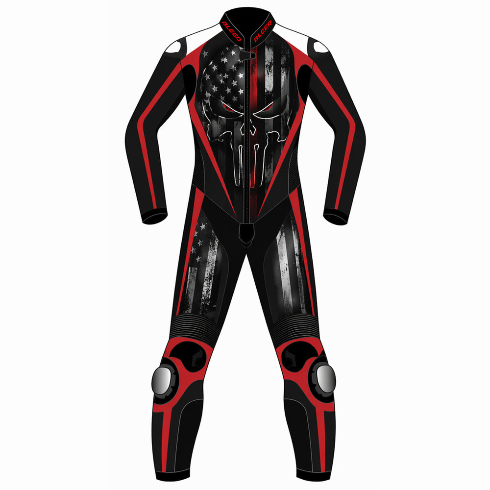 Punisher skull American flag custom motorcycle leather racing suit front view in black and red with distressed flag skull graphic and knee sliders