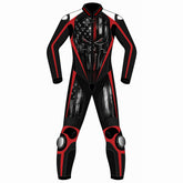 Punisher skull American flag custom motorcycle leather racing suit front view in black and red with distressed flag skull graphic and knee sliders